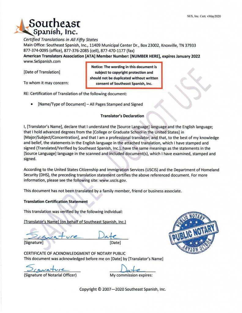 Notarized Translation Certification Letter Example